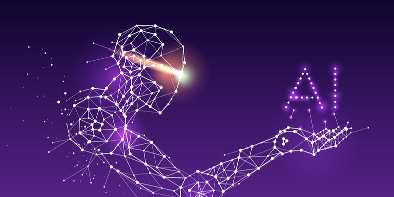 Seorang pria menampilkan AI dalam pemasaran digital dengan latar belakang ungu.